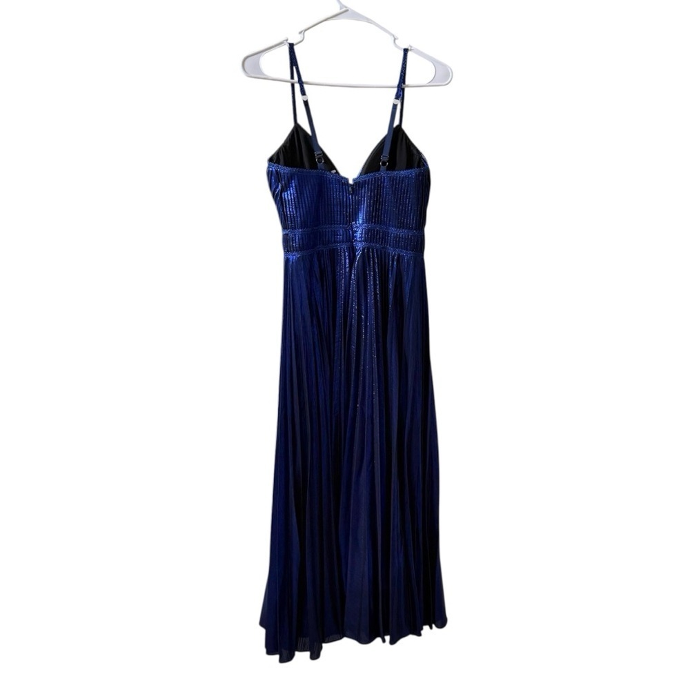 MARCHESA NOTTE Pleated Metallic Midi Dress Blue Sz 4 - Picture 3 of 7